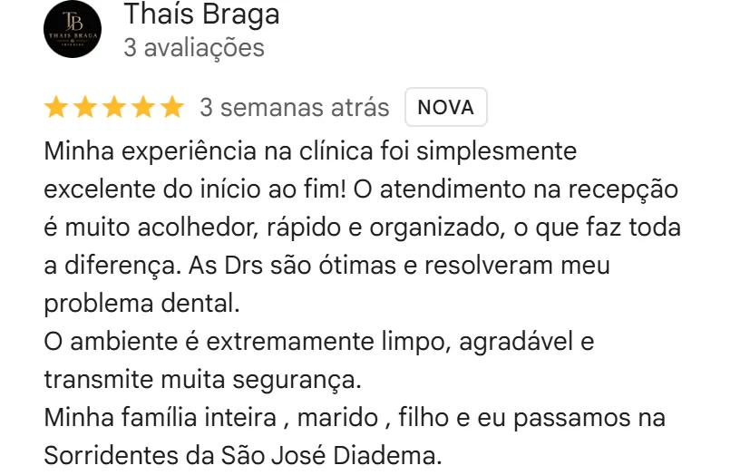 Avaliação cinco estrelas no Google da unidade Diadema Centro